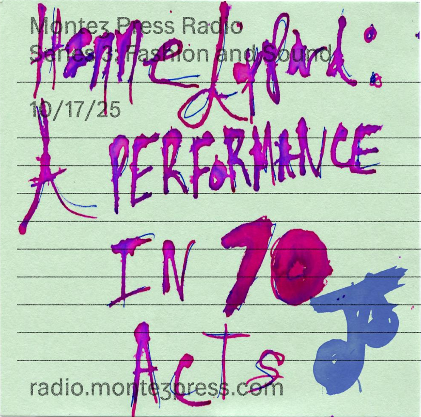 A post it note with the title of the show handwritten in splattered ink.