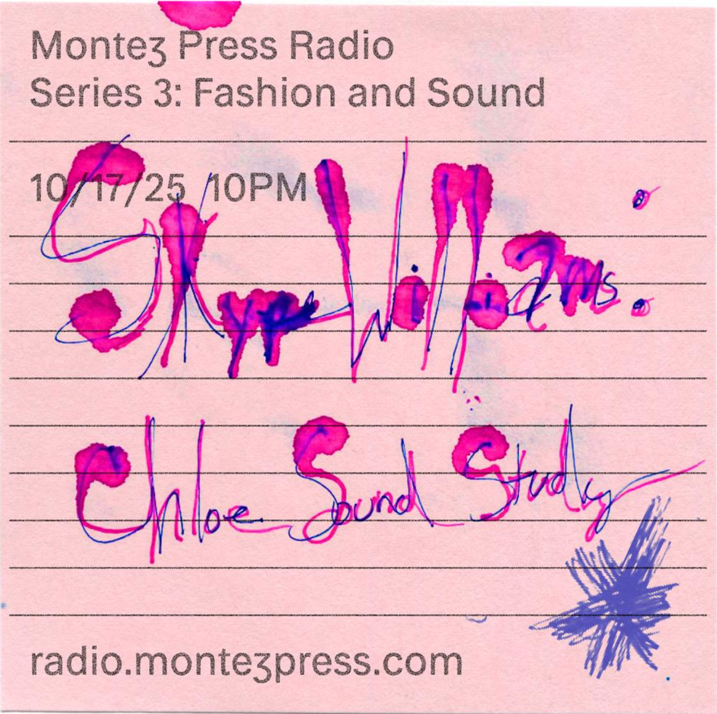 A post-it-note with the title of the show handwritten in splattered ink.