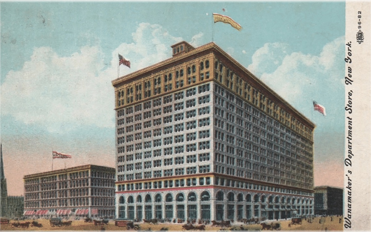 A vintage postcard depicting Wanamaker's Department Store in New York.