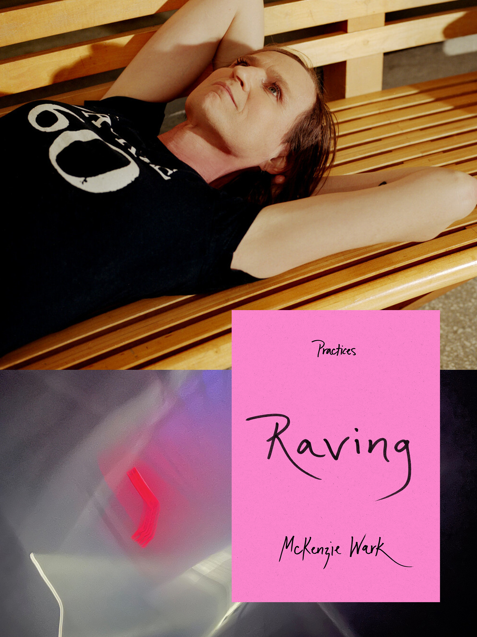 McKenzie Wark lies on a wooden bench with a picture of her book 'Raving' collaged over top.