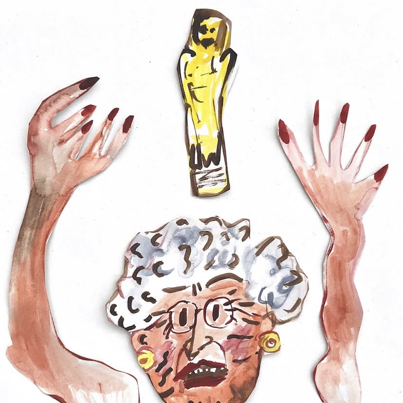 A drawing of an elderly woman.