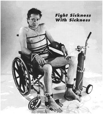 Bob Flannagan sits in a wheelchair with text reading "Fight sickness with sickness".